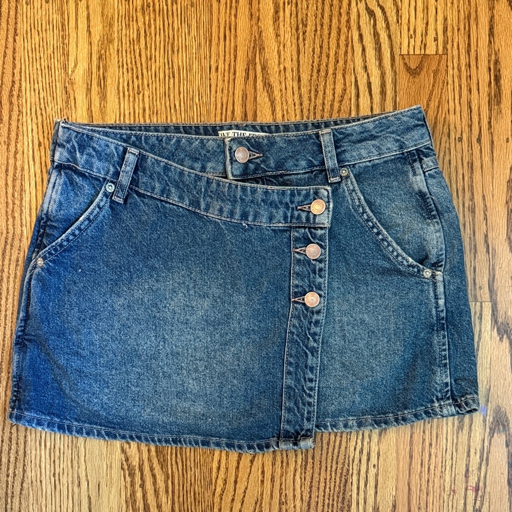 Free People Distressed Blue Denim Asymmetrical Button Mini Skirt